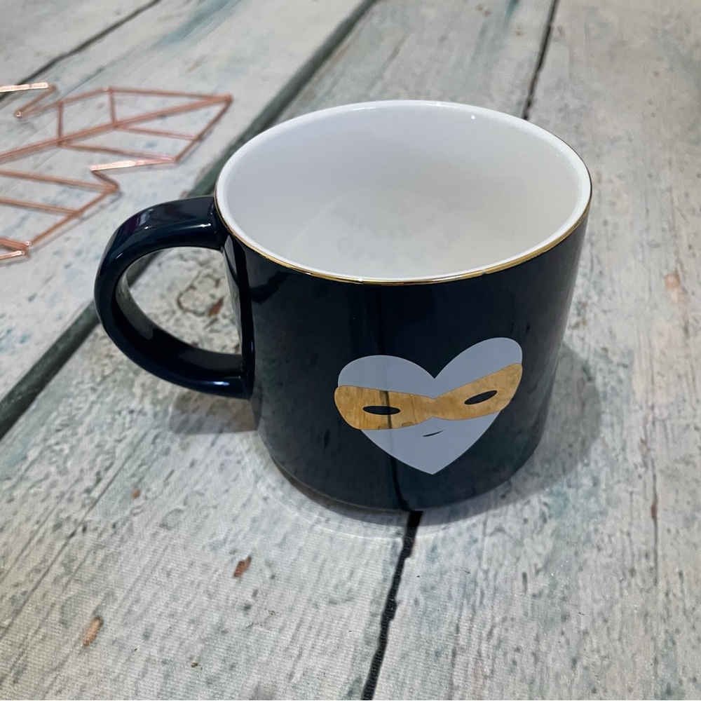 Davids Tea stackable mug partner in crime mask heart gold navy blue valentines